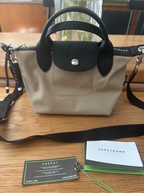 Longchamp Le Pliage Energy XS Small Crossbody Bag in Beige with Black Trim